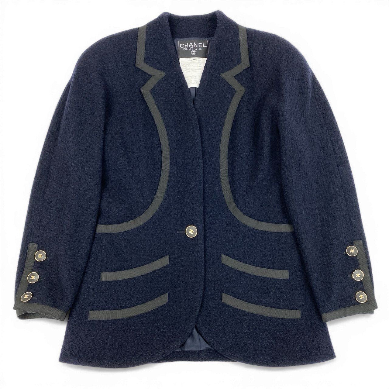 Vintage CHANEL 1990 Tweed Tailored Jacket Coco Mark Size 36 Navy 21178