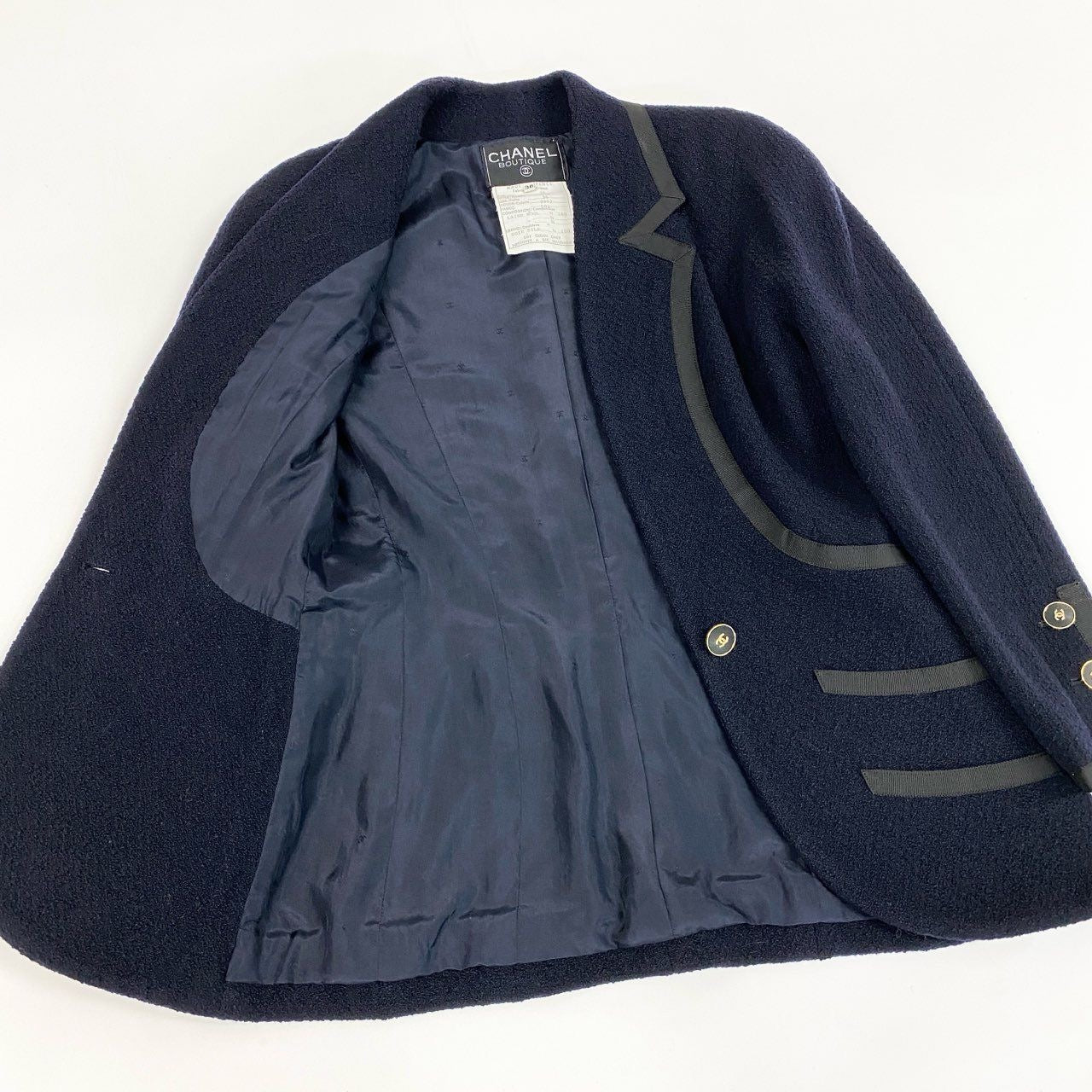 Vintage CHANEL 1990 Tweed Tailored Jacket Coco Mark Size 36 Navy 21178