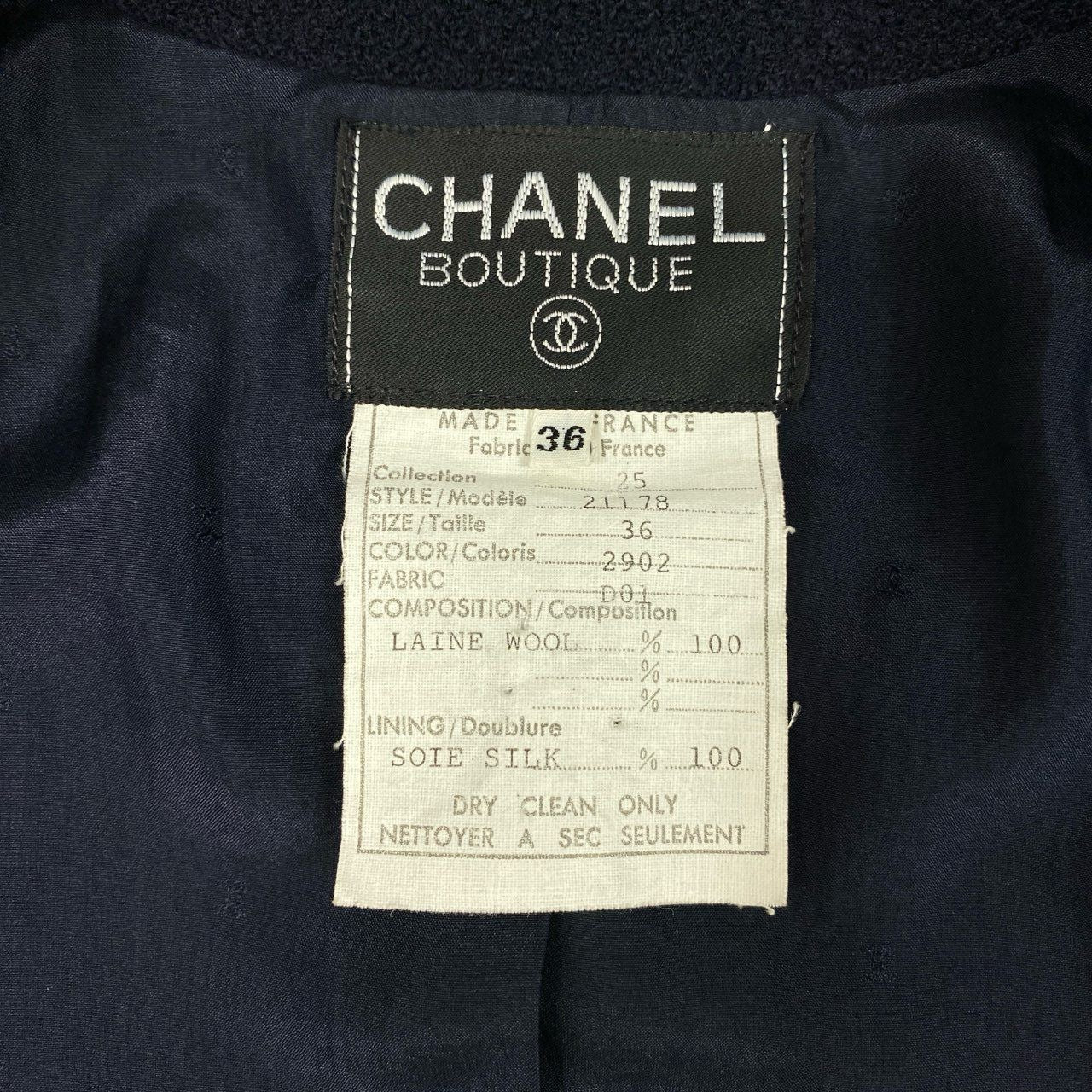 Vintage CHANEL 1990 Tweed Tailored Jacket Coco Mark Size 36 Navy 21178