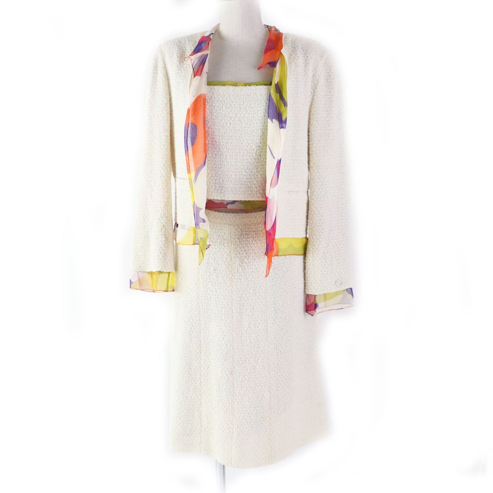 CHANEL Vintage 00T 3-Piece Setup Jacket Skirt Camisole Ivory Multi P15633 Size 40