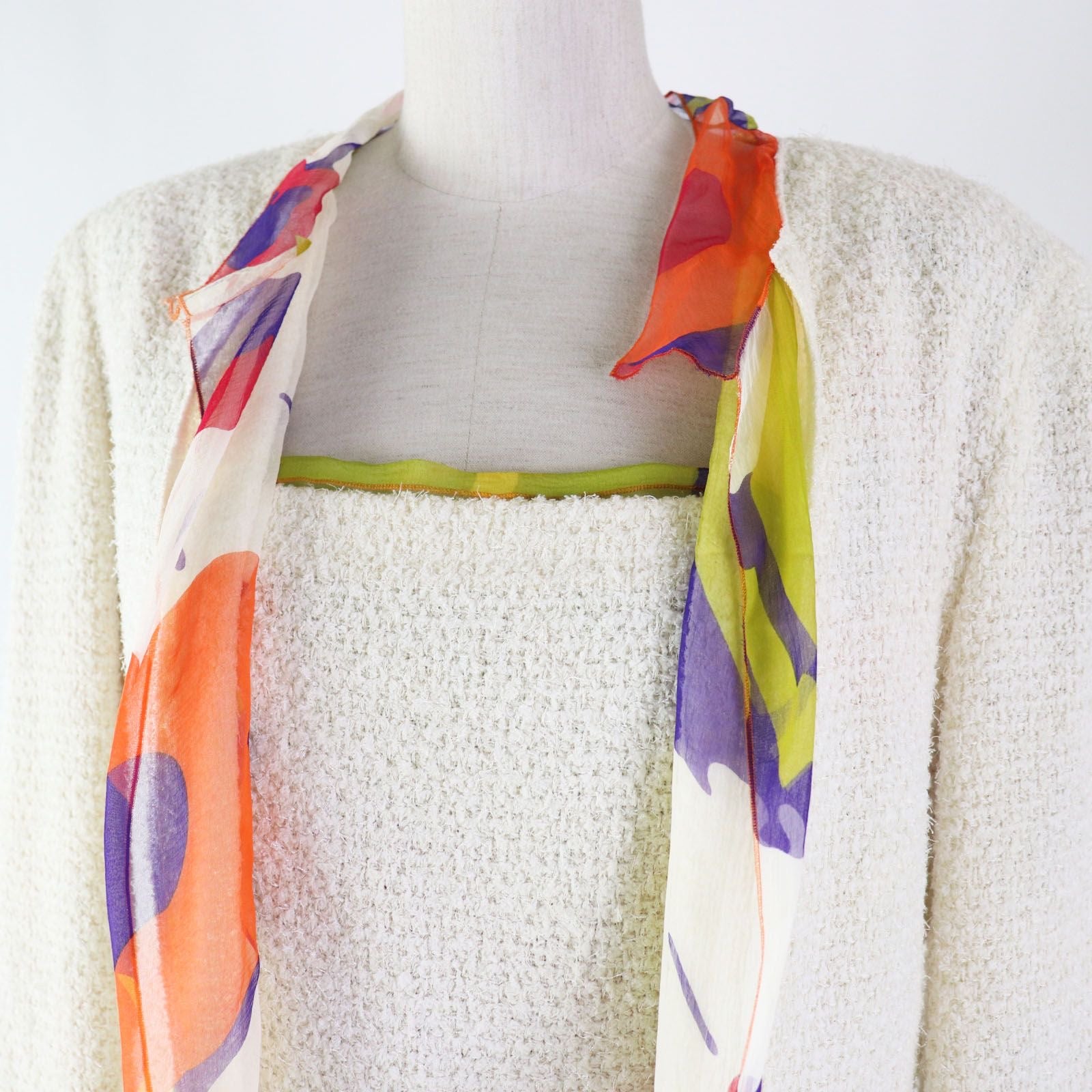 CHANEL Vintage 00T 3-Piece Setup Jacket Skirt Camisole Ivory Multi P15633 Size 40