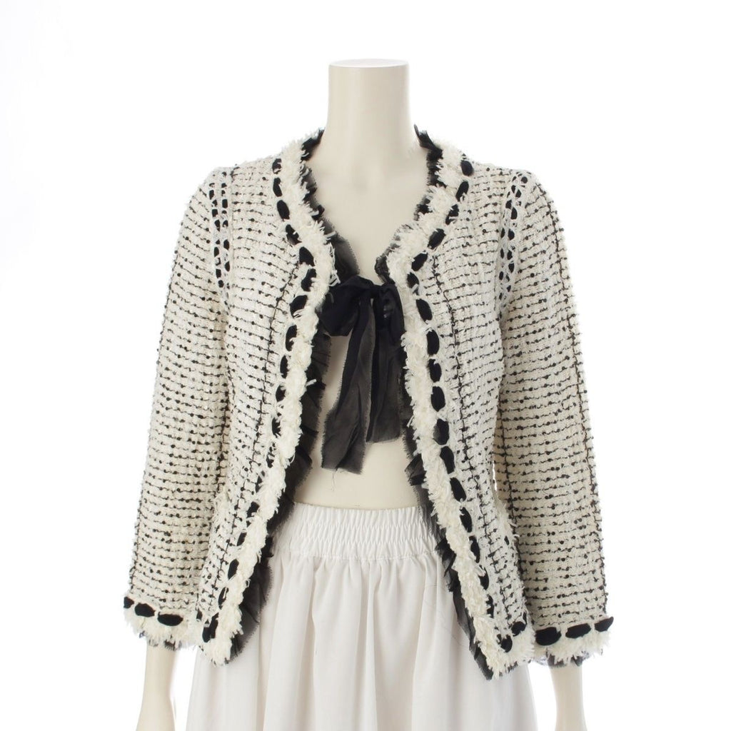 CHANEL 05P Silk Blend Tweed Ribbon Collarless Jacket P25414 White Black Size 36