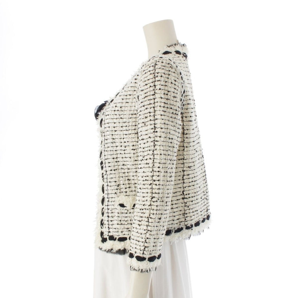 CHANEL 05P Silk Blend Tweed Ribbon Collarless Jacket P25414 White Black Size 36