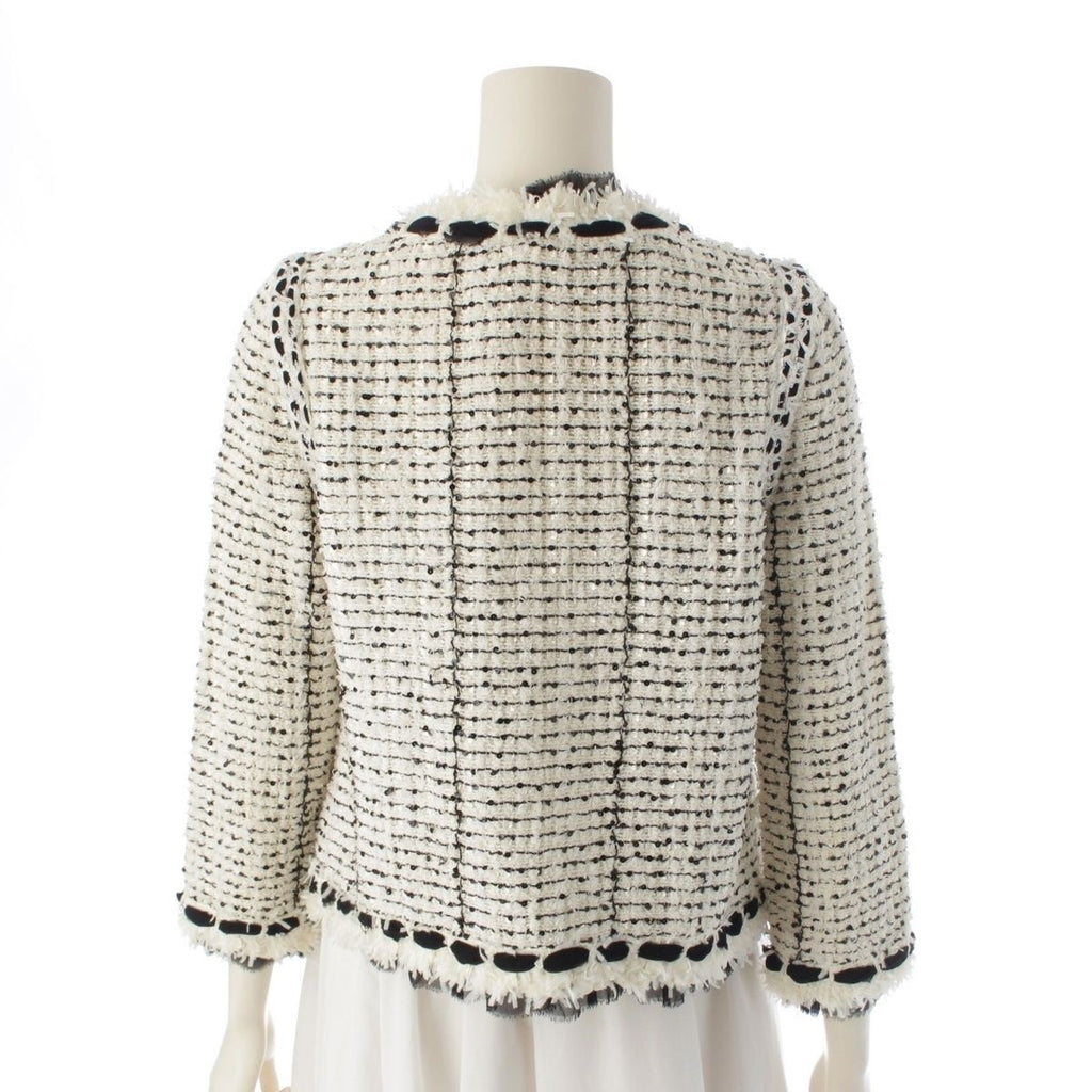 CHANEL 05P Silk Blend Tweed Ribbon Collarless Jacket P25414 White Black Size 36