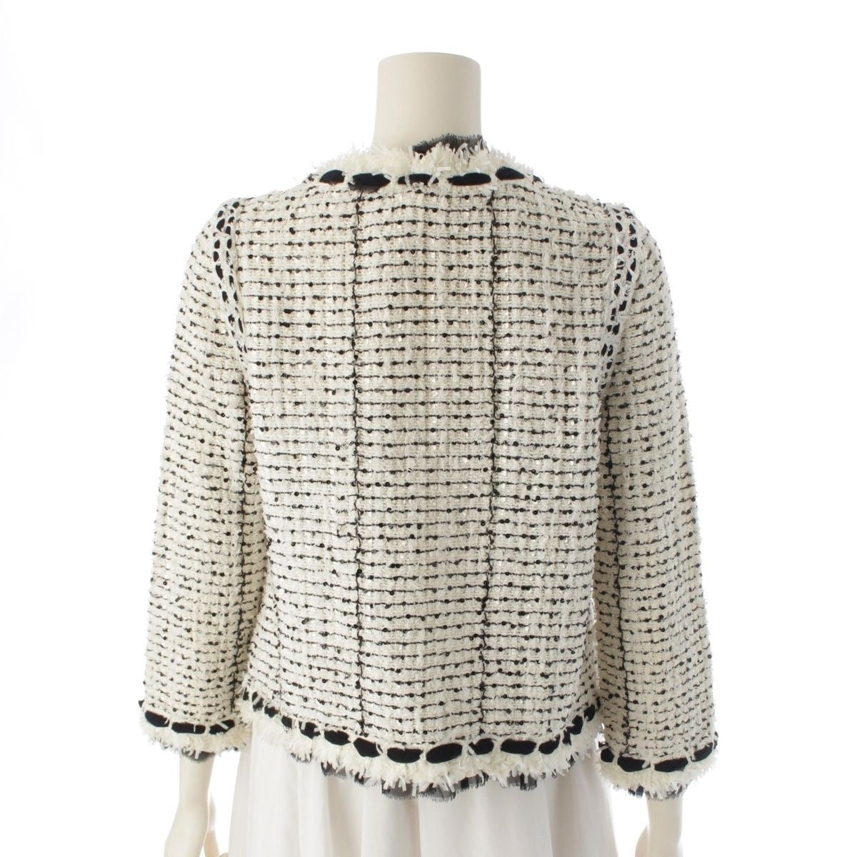 CHANEL 05P Silk Blend Tweed Ribbon Collarless Jacket P25414 White Black Size 36