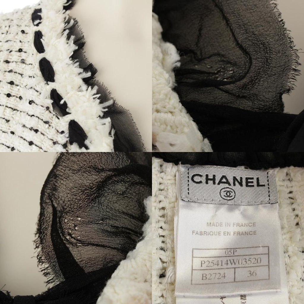 CHANEL 05P Silk Blend Tweed Ribbon Collarless Jacket P25414 White Black Size 36
