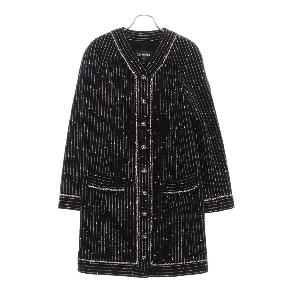 CHANEL CCロゴボタン ストライプ カラーレス ツイード ジャケット 36
