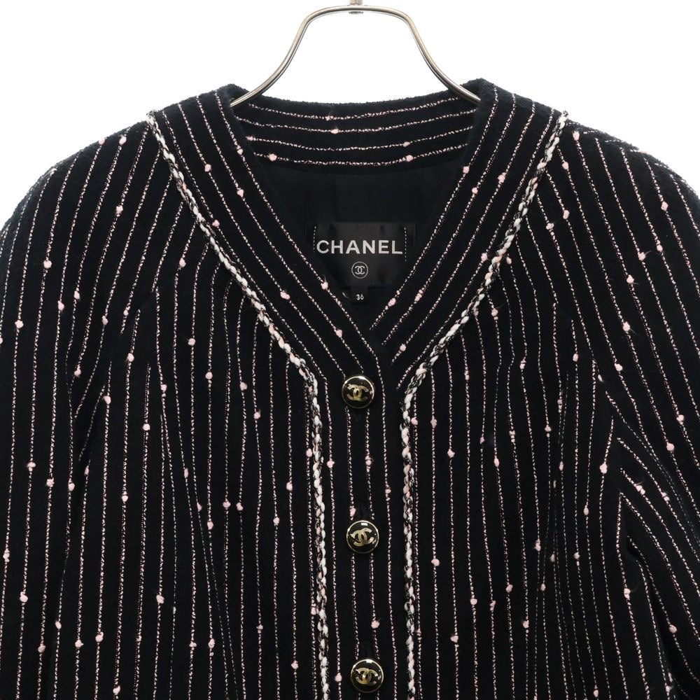 CHANEL CCロゴボタン ストライプ カラーレス ツイード ジャケット 36