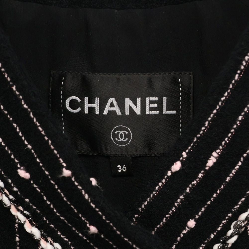CHANEL CCロゴボタン ストライプ カラーレス ツイード ジャケット 36
