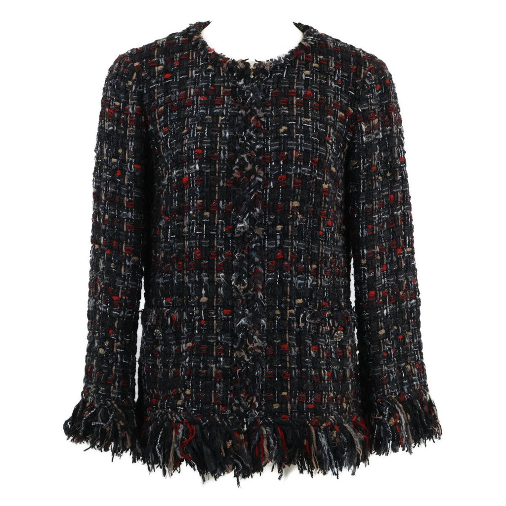 CHANEL Tweed Fringe Zip-Up No-Collar Jacket P39775V28558 Size 40