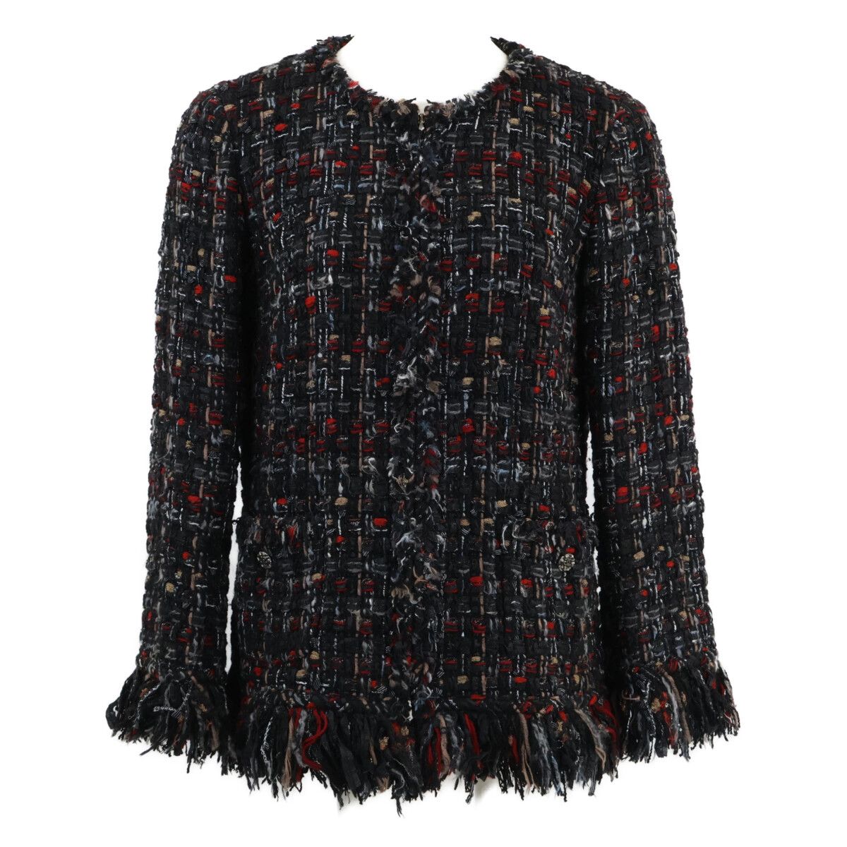 CHANEL Tweed Fringe Zip-Up No-Collar Jacket P39775V28558 Size 40