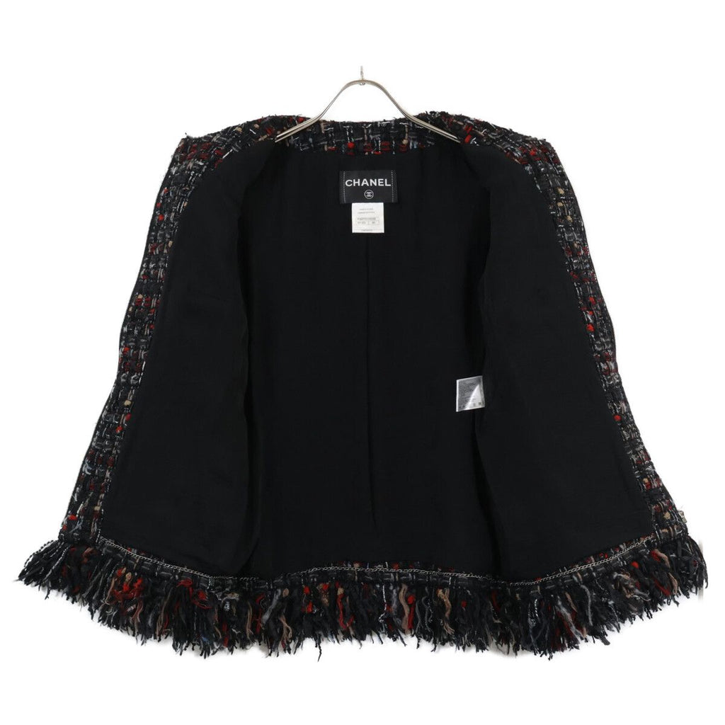 CHANEL Tweed Fringe Zip-Up No-Collar Jacket P39775V28558 Size 40