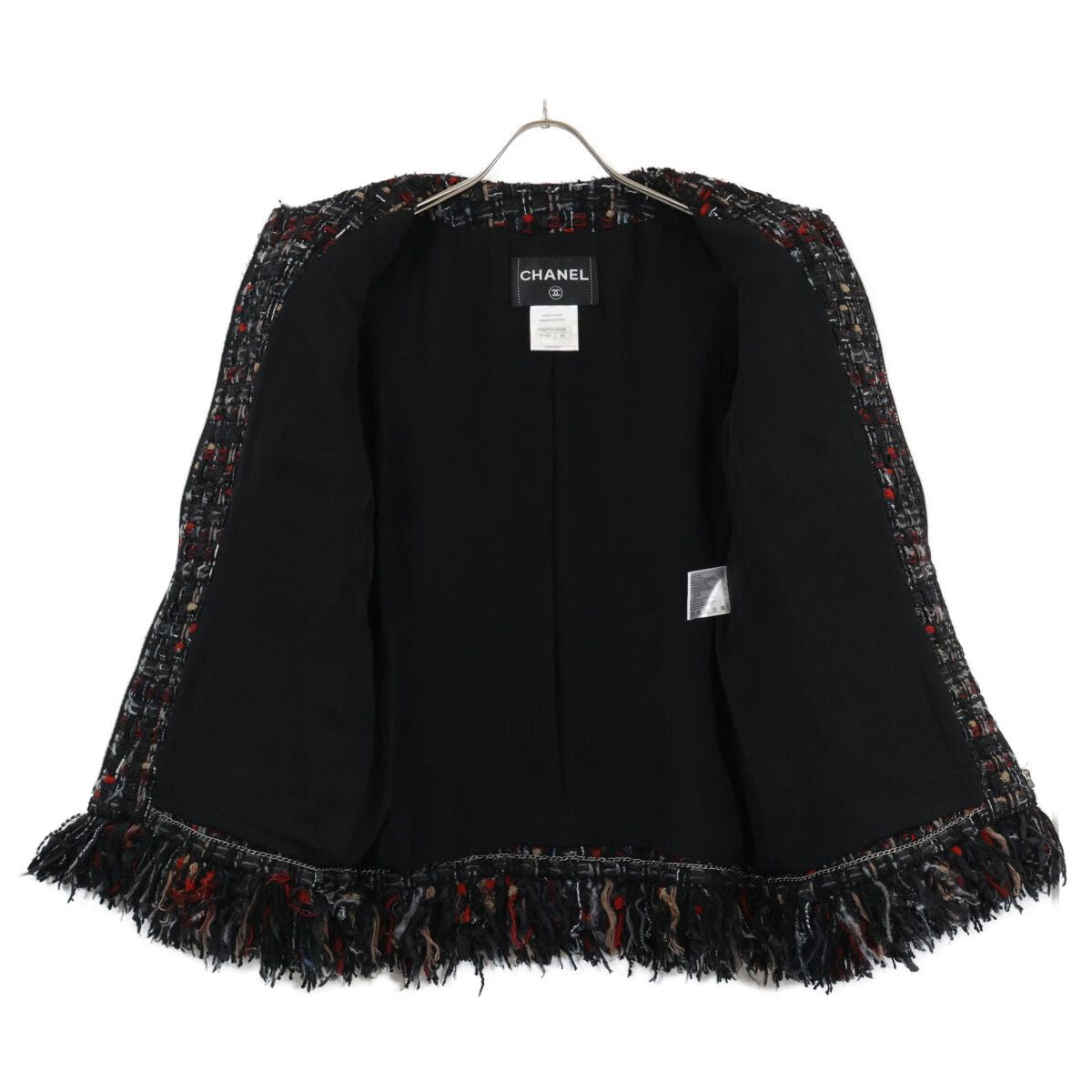 CHANEL Tweed Fringe Zip-Up No-Collar Jacket P39775V28558 Size 40