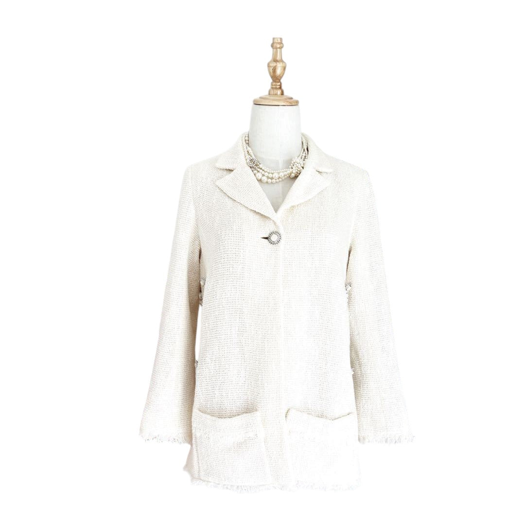 CHANEL White Tweed Chain Trimming Jacket Size 42