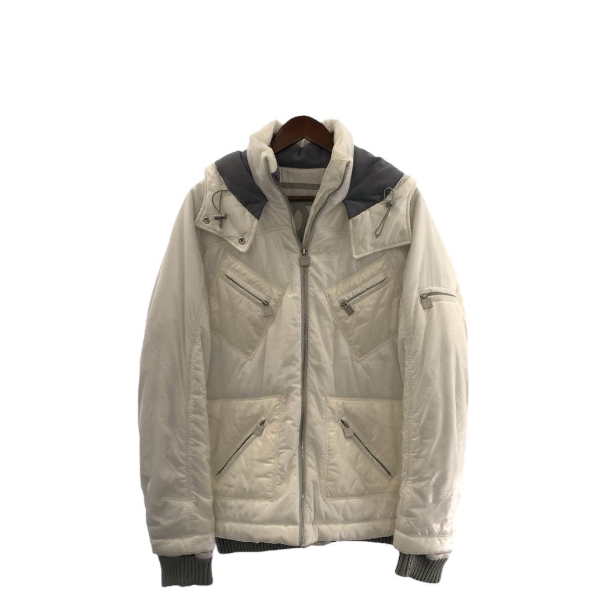 CHANEL CC Logo Down Jacket White Grey Nylon Silver Hardware P21850V13361 Size 44