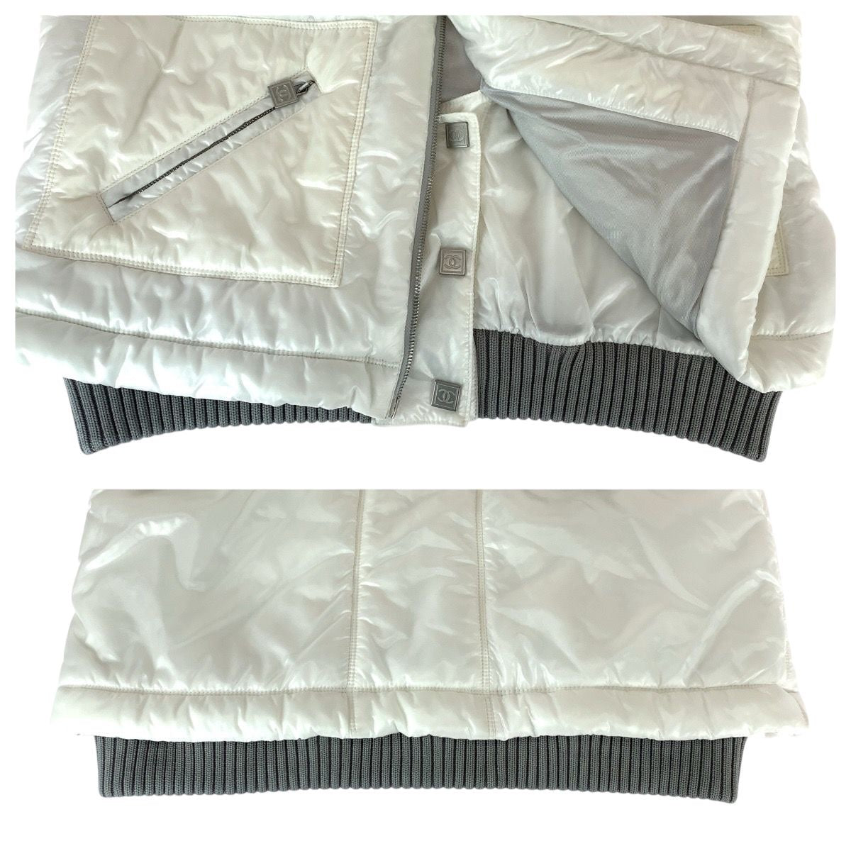 CHANEL CC Logo Down Jacket White Grey Nylon Silver Hardware P21850V13361 Size 44