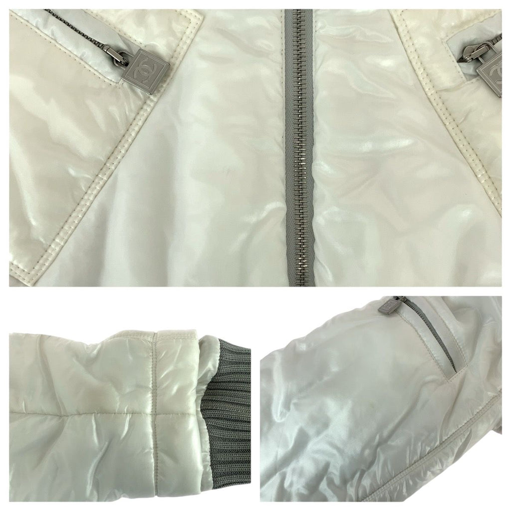 CHANEL CC Logo Down Jacket White Grey Nylon Silver Hardware P21850V13361 Size 44
