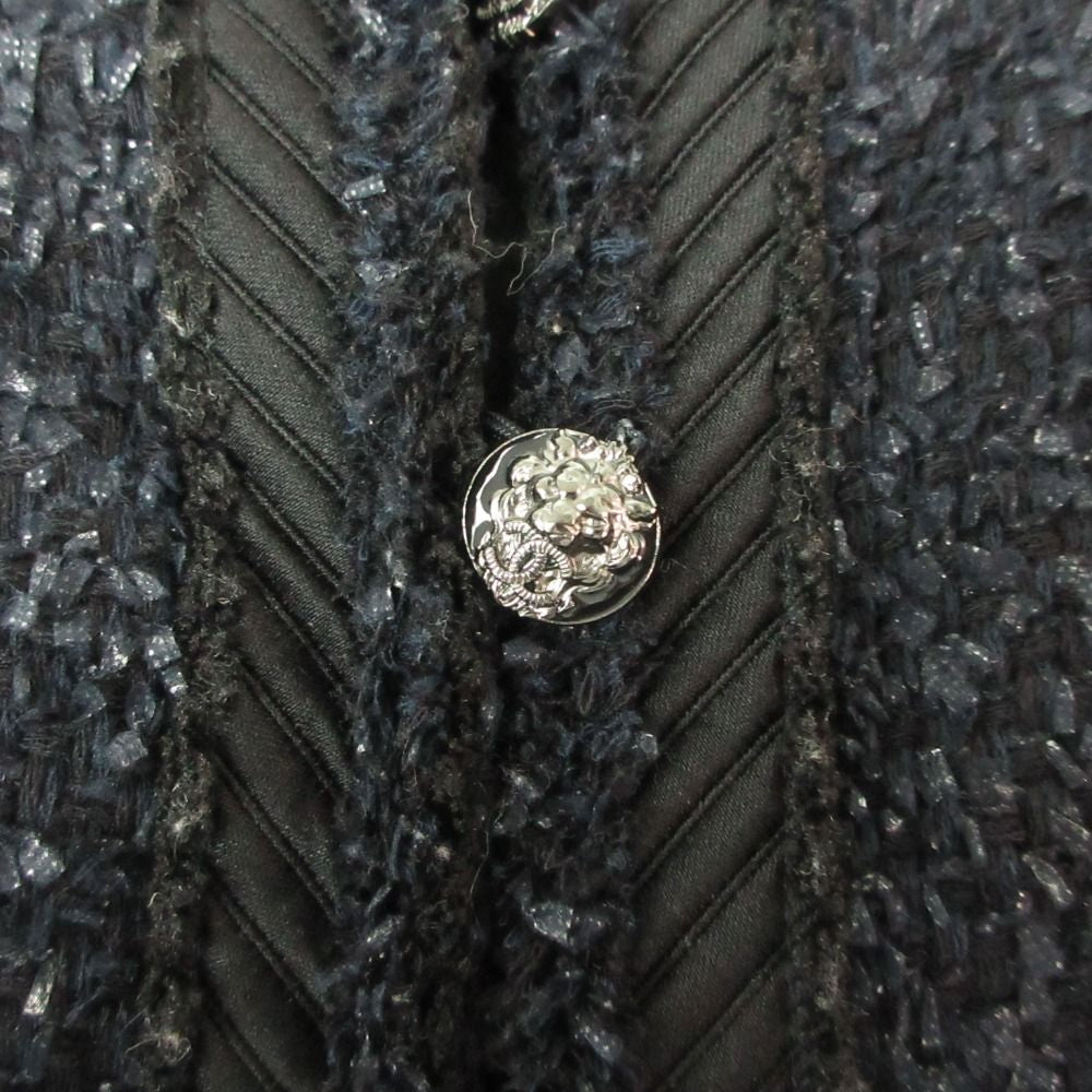 CHANEL Tweed No-Collar Jacket & Front Slit Skirt Setup Coco Mark Button — Jacket 36 / Skirt 38 Dark Navy
