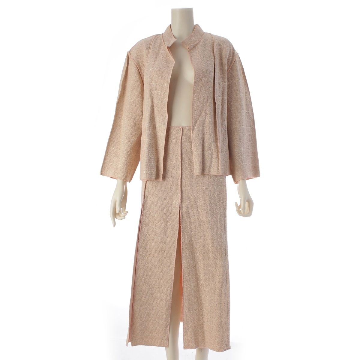 CHANEL Wool Linen Tweed Jacket & Skirt Setup P13219 Size 46 Pink