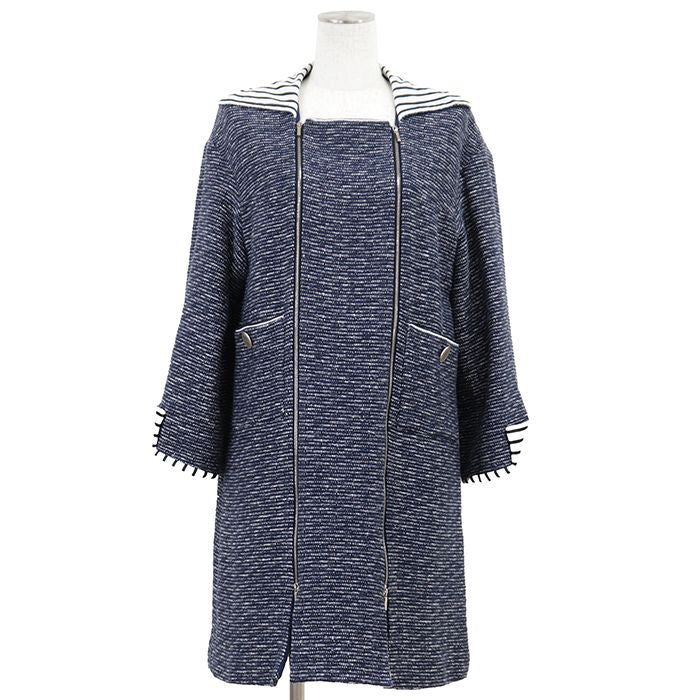 CHANEL 2017 Border Tweed Coat Coco Mark Logo Button Size 36 Navy White — P56027