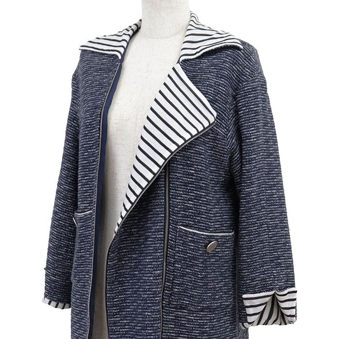 CHANEL 2017 Border Tweed Coat Coco Mark Logo Button Size 36 Navy White — P56027