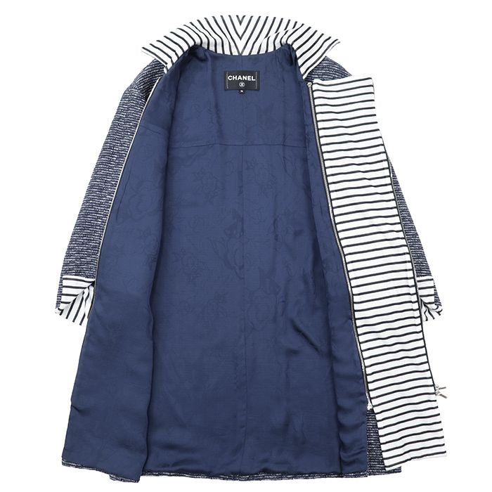CHANEL 2017 Border Tweed Coat Coco Mark Logo Button Size 36 Navy White — P56027