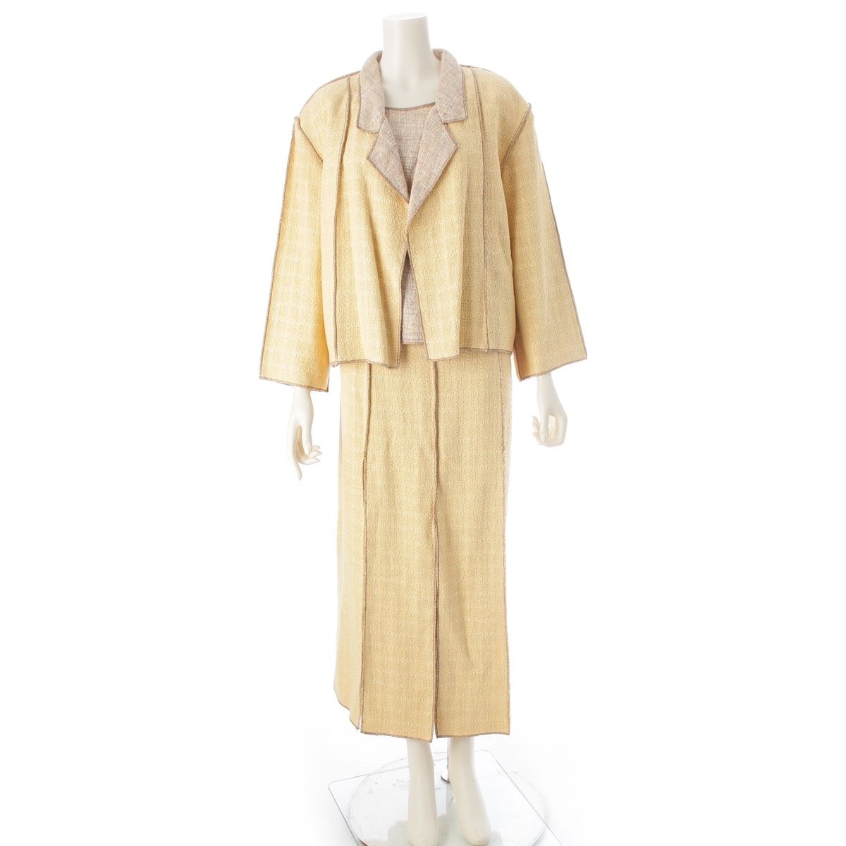 CHANEL Cotton Linen Tweed Jacket Sleeveless Top & Skirt 3-Piece Ensemble Setup P13184 Size 46 Yellow