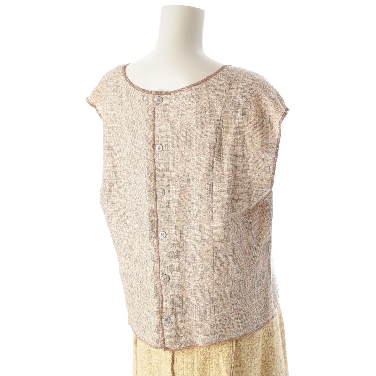 CHANEL Cotton Linen Tweed Jacket Sleeveless Top & Skirt 3-Piece Ensemble Setup P13184 Size 46 Yellow