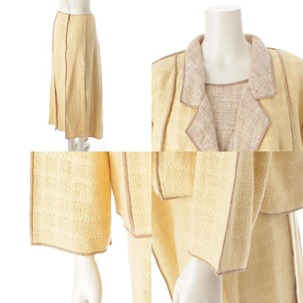 CHANEL Cotton Linen Tweed Jacket Sleeveless Top & Skirt 3-Piece Ensemble Setup P13184 Size 46 Yellow