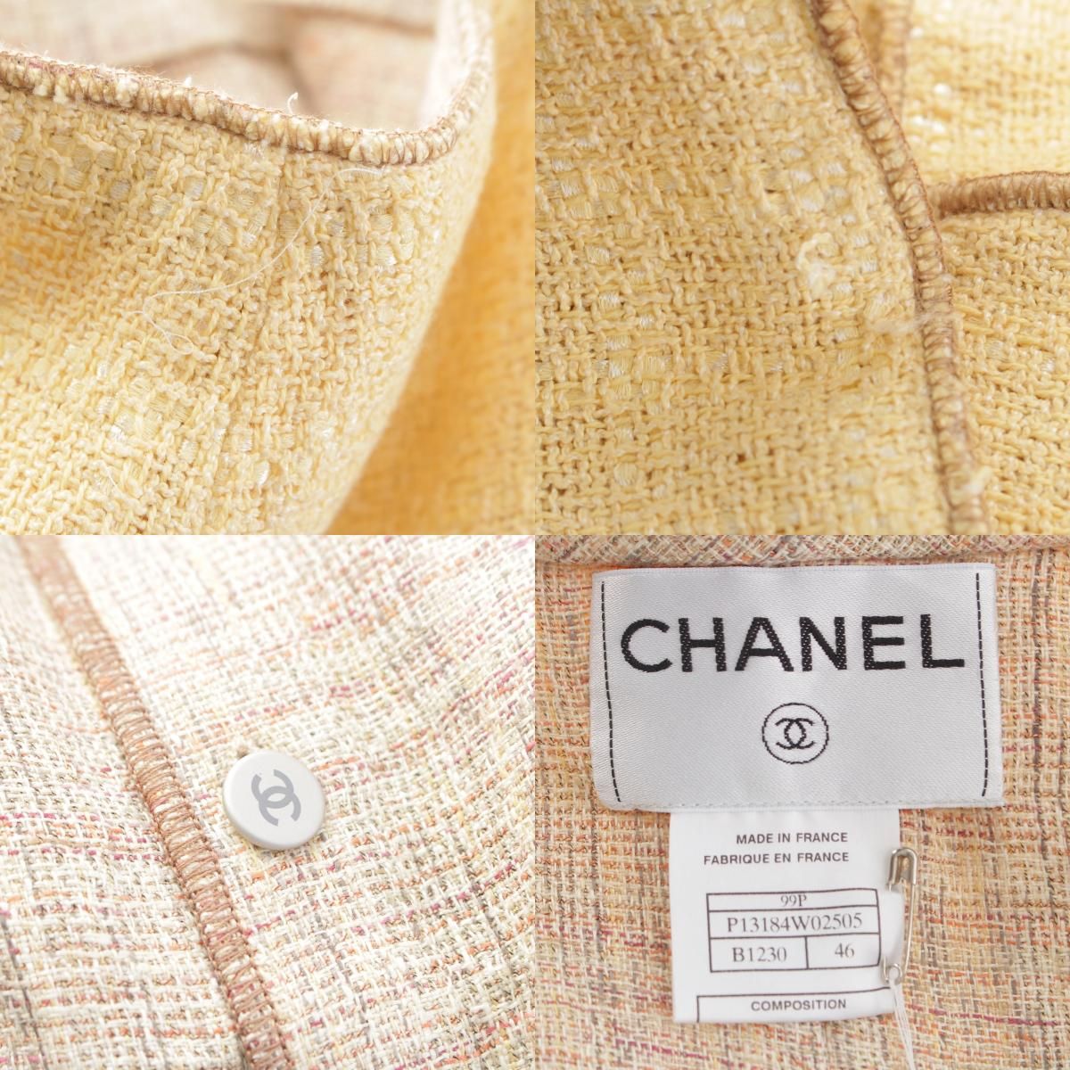 CHANEL Cotton Linen Tweed Jacket Sleeveless Top & Skirt 3-Piece Ensemble Setup P13184 Size 46 Yellow