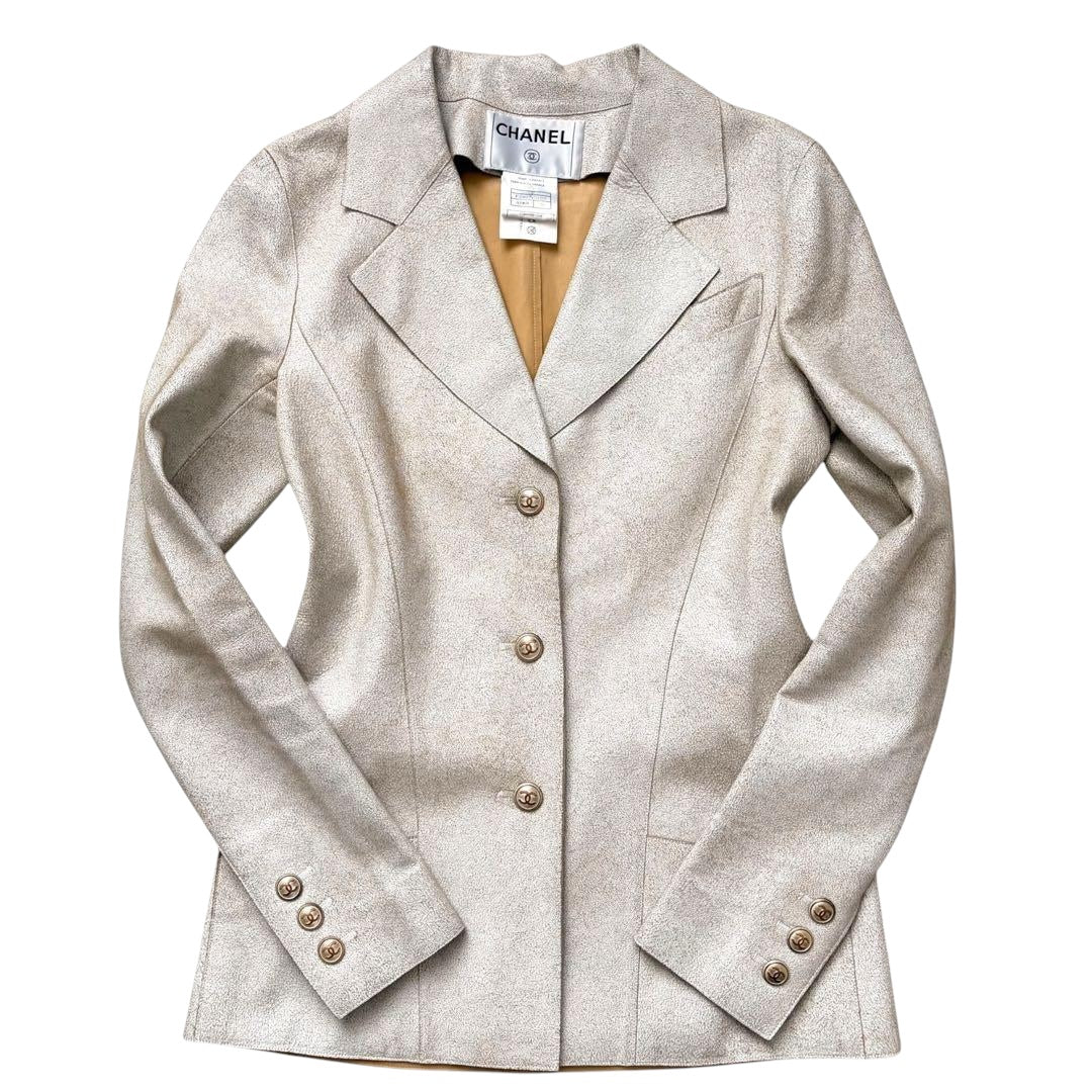 CHANEL 03P Lambskin Leather Jacket Coco Mark Gold Button
