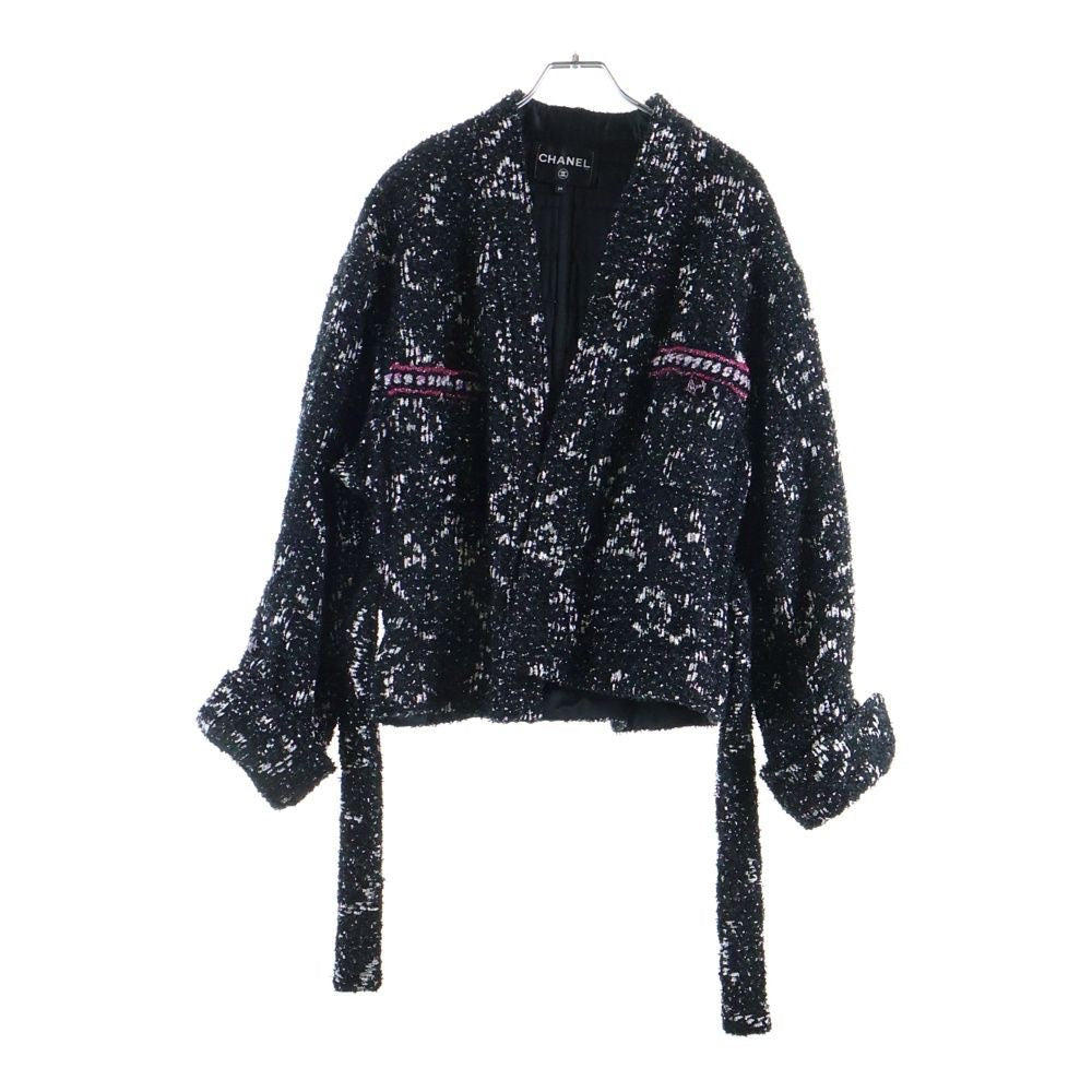 CHANEL 24SS Tweed Sequin Jacket with Belt CC Logo Button Size 34