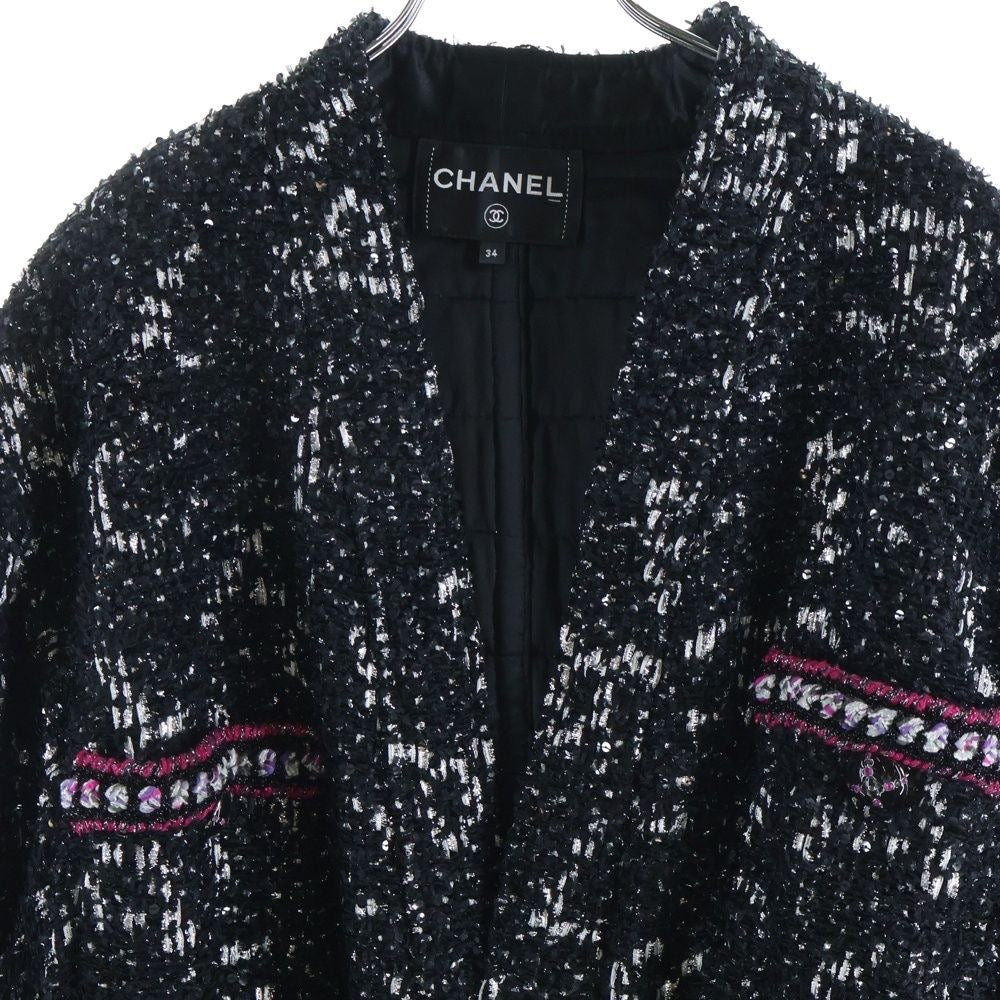 CHANEL 24SS Tweed Sequin Jacket with Belt CC Logo Button Size 34