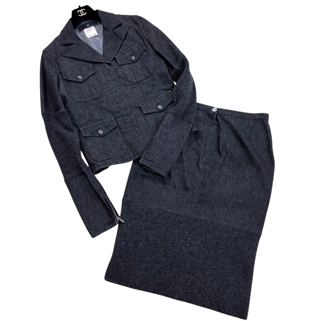 CHANEL 03A Denim Cashmere Setup Jacket & Skirt Coco Button Size 38