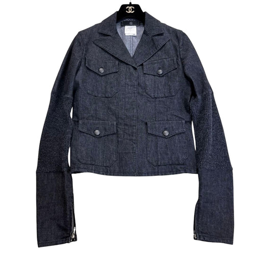 CHANEL 03A Denim Cashmere Setup Jacket & Skirt Coco Button Size 38
