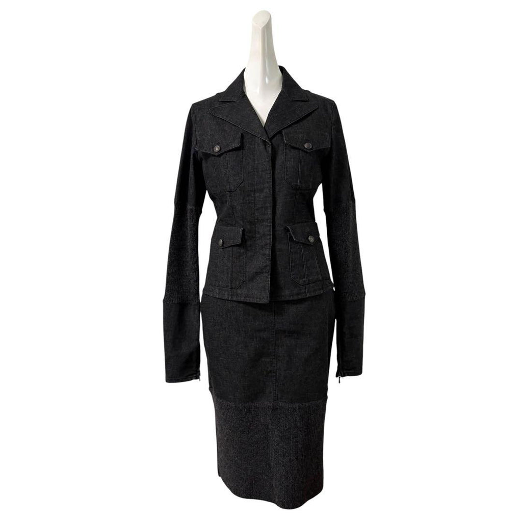 CHANEL 03A Denim Cashmere Setup Jacket & Skirt Coco Button Size 38