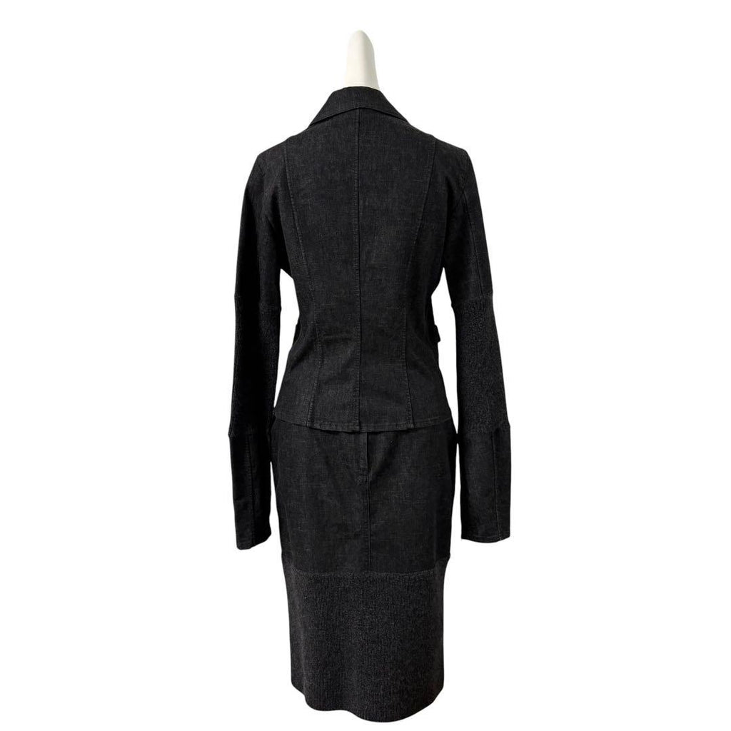 CHANEL 03A Denim Cashmere Setup Jacket & Skirt Coco Button Size 38