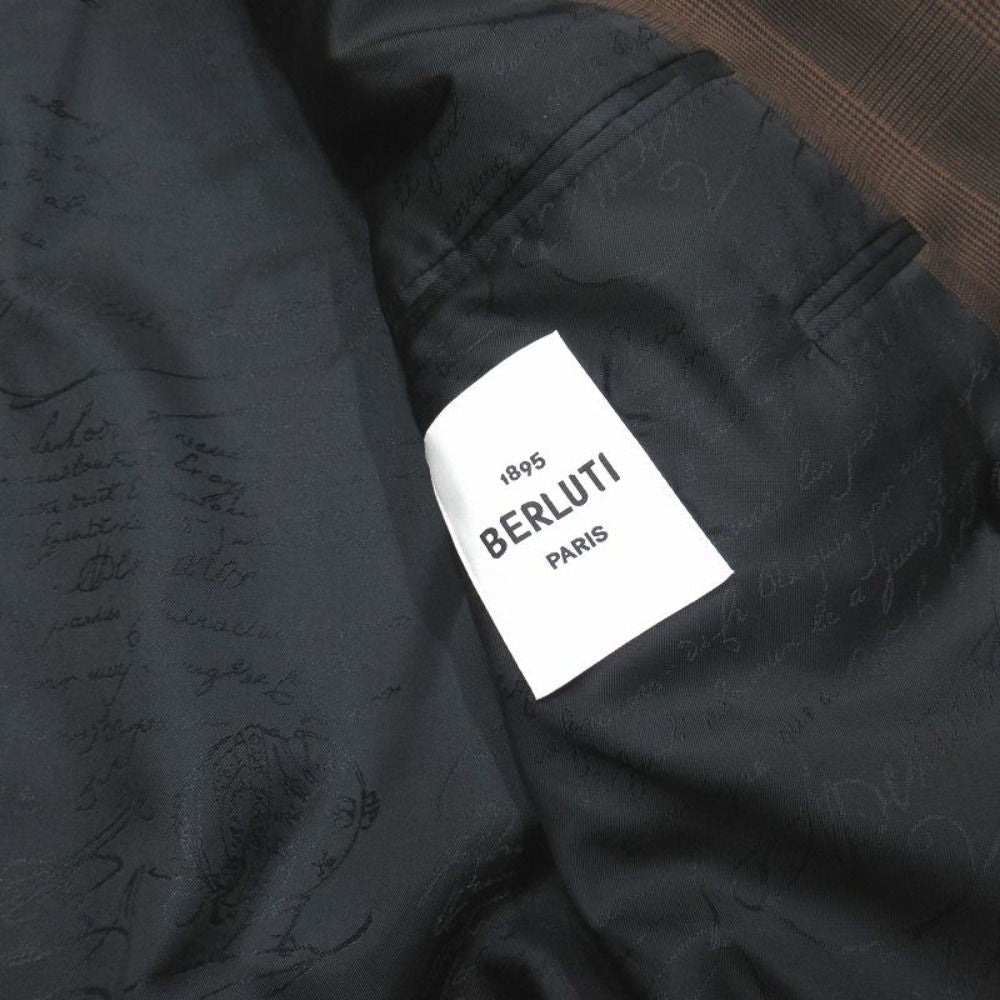 Berluti Glen Check Suit Setup Calligraphy Lining Jacket & Slacks — Jacket R44 / Pants 46 Brown