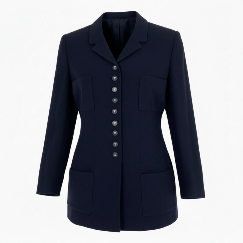 CHANEL BOUTIQUE 1996 Navy Wool Tailored Jacket P06370 / Size 42