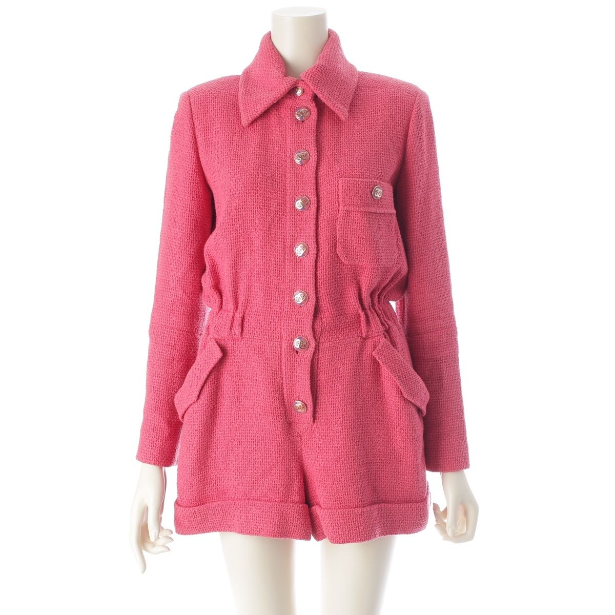 CHANEL 2017 CC Coco Button Tweed Jumpsuit P56053 Pink / Size 36