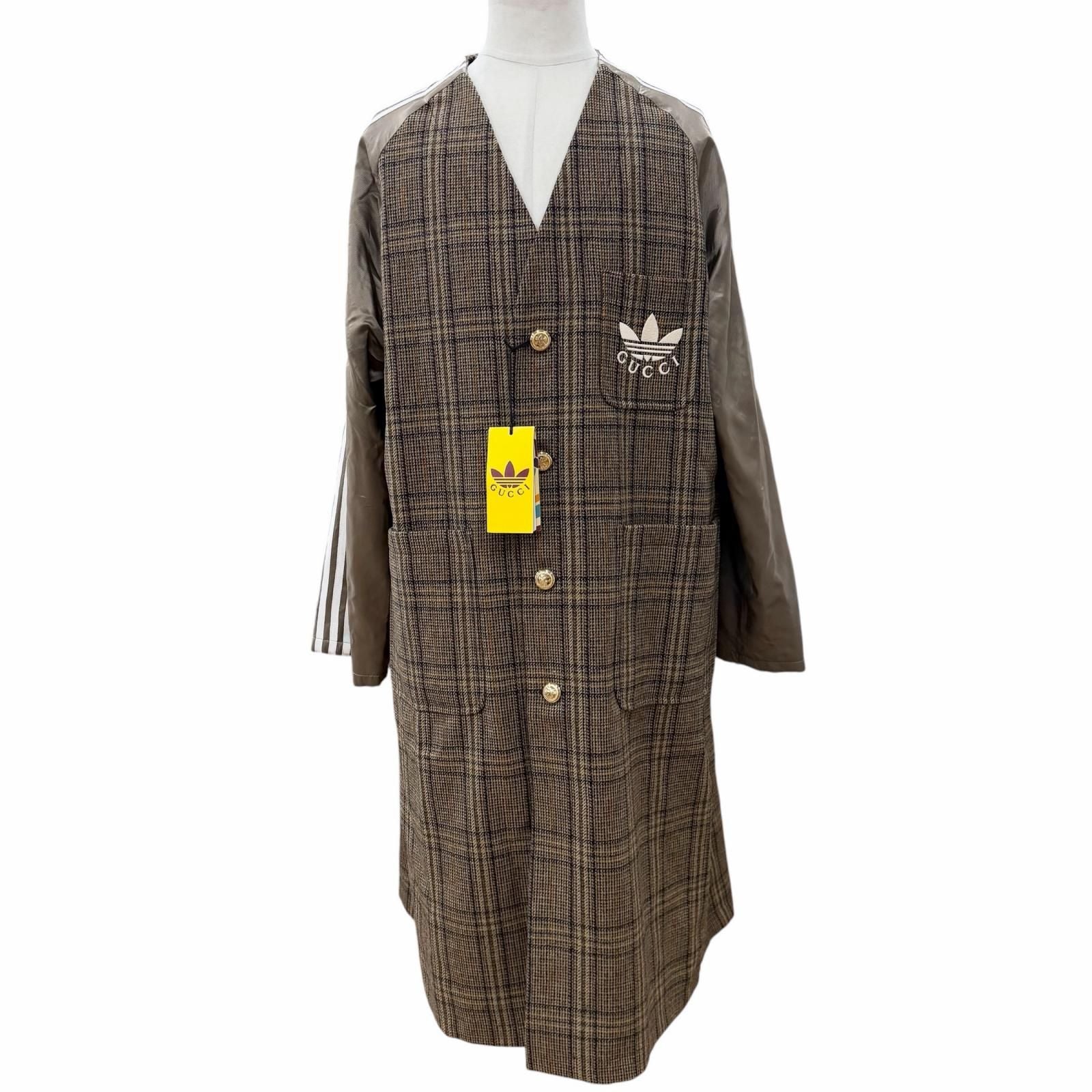 Gucci x Adidas Check Logo Gold Button Collarless Coat Khaki 48