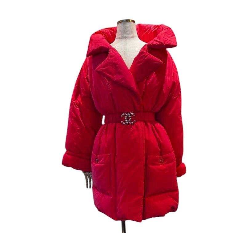 CHANEL Red Down Coat Large Collar Removable Pearl CC Belt 34