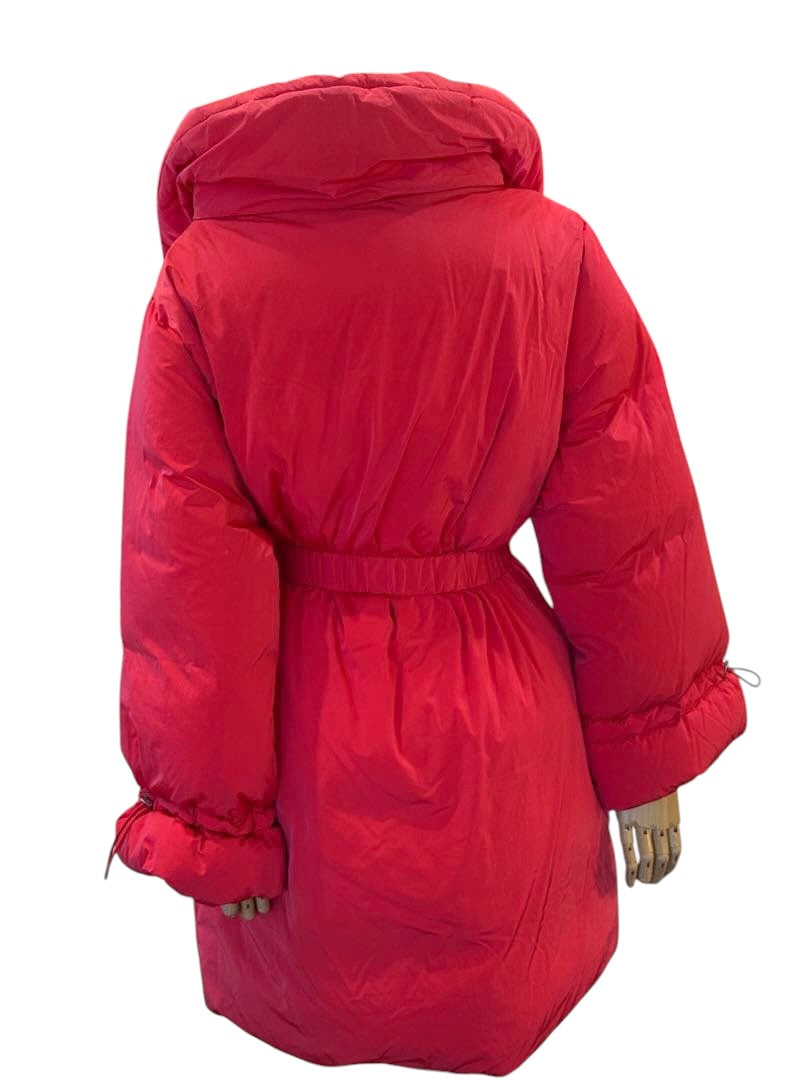 CHANEL Red Down Coat Large Collar Removable Pearl CC Belt 34