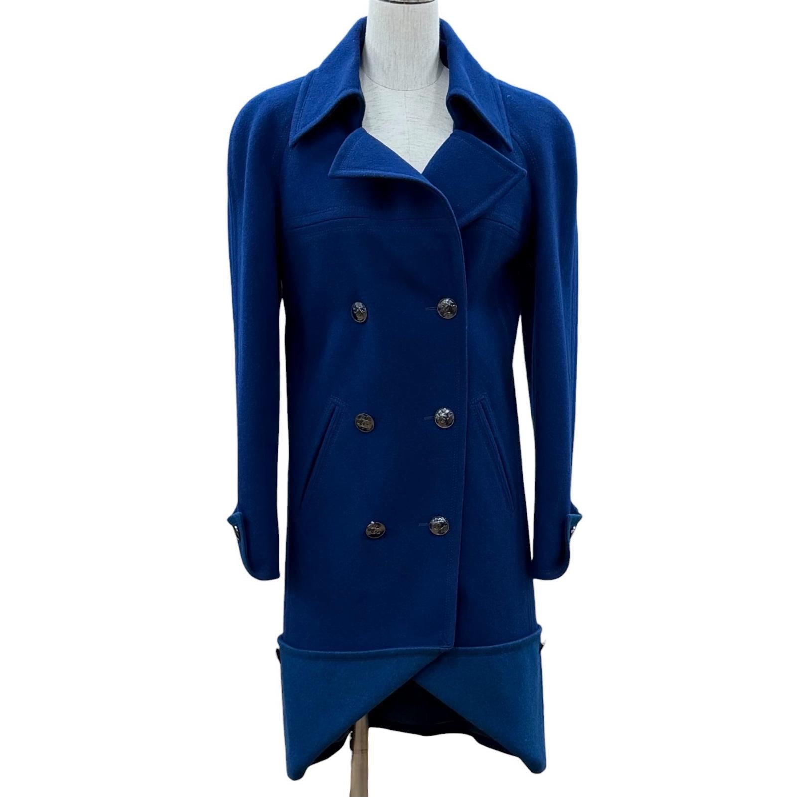CHANEL P46965 Coco Mark Button Double Breasted Wool Coat Silk Lining Size 36 Blue Made in France
