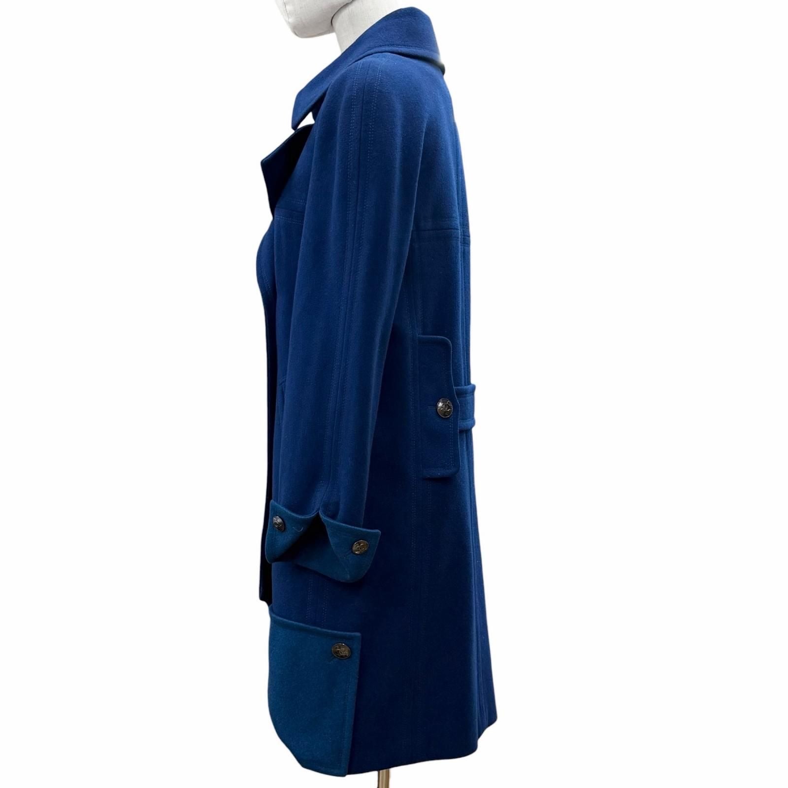 CHANEL P46965 Coco Mark Button Double Breasted Wool Coat Silk Lining Size 36 Blue Made in France