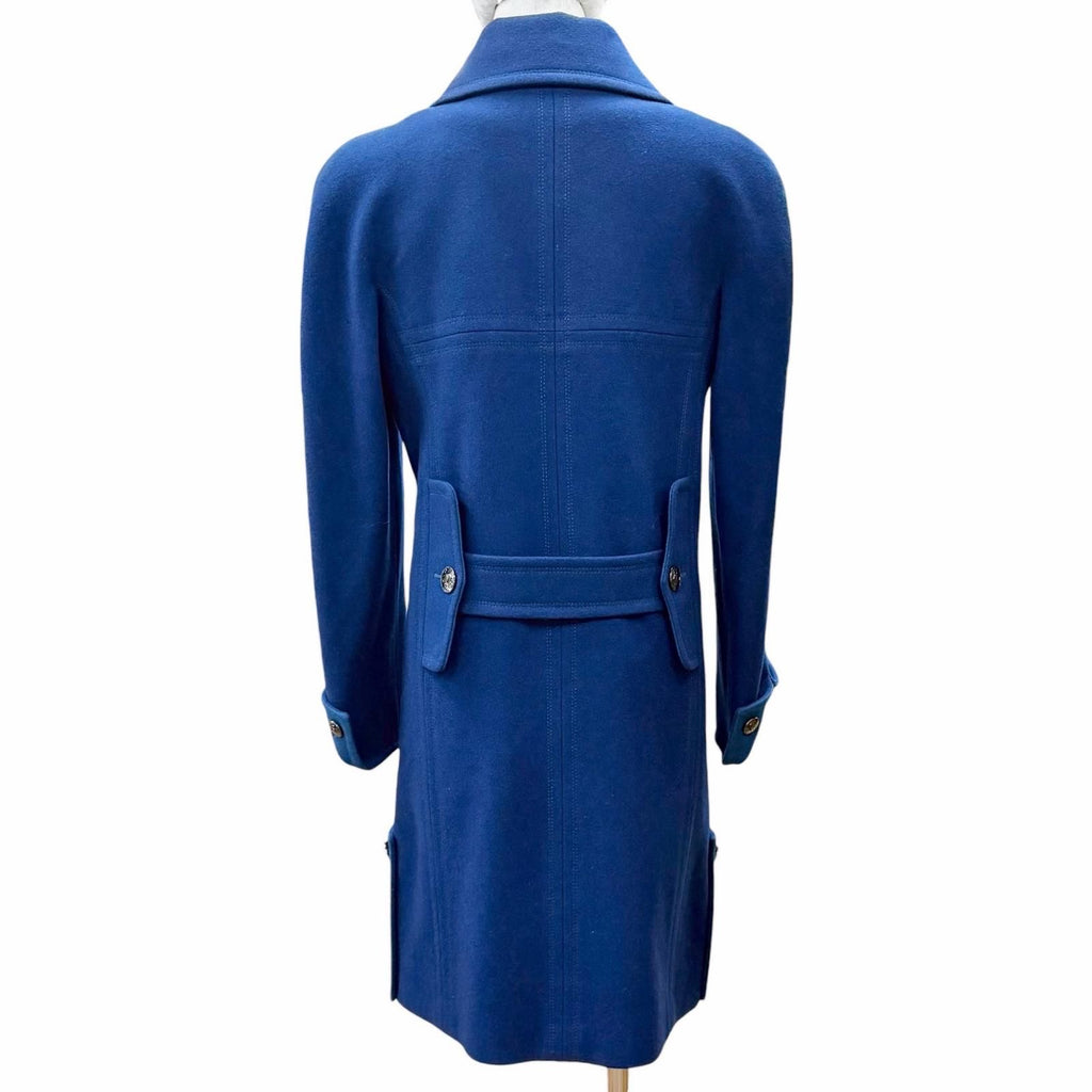 CHANEL P46965 Coco Mark Button Double Breasted Wool Coat Silk Lining Size 36 Blue Made in France