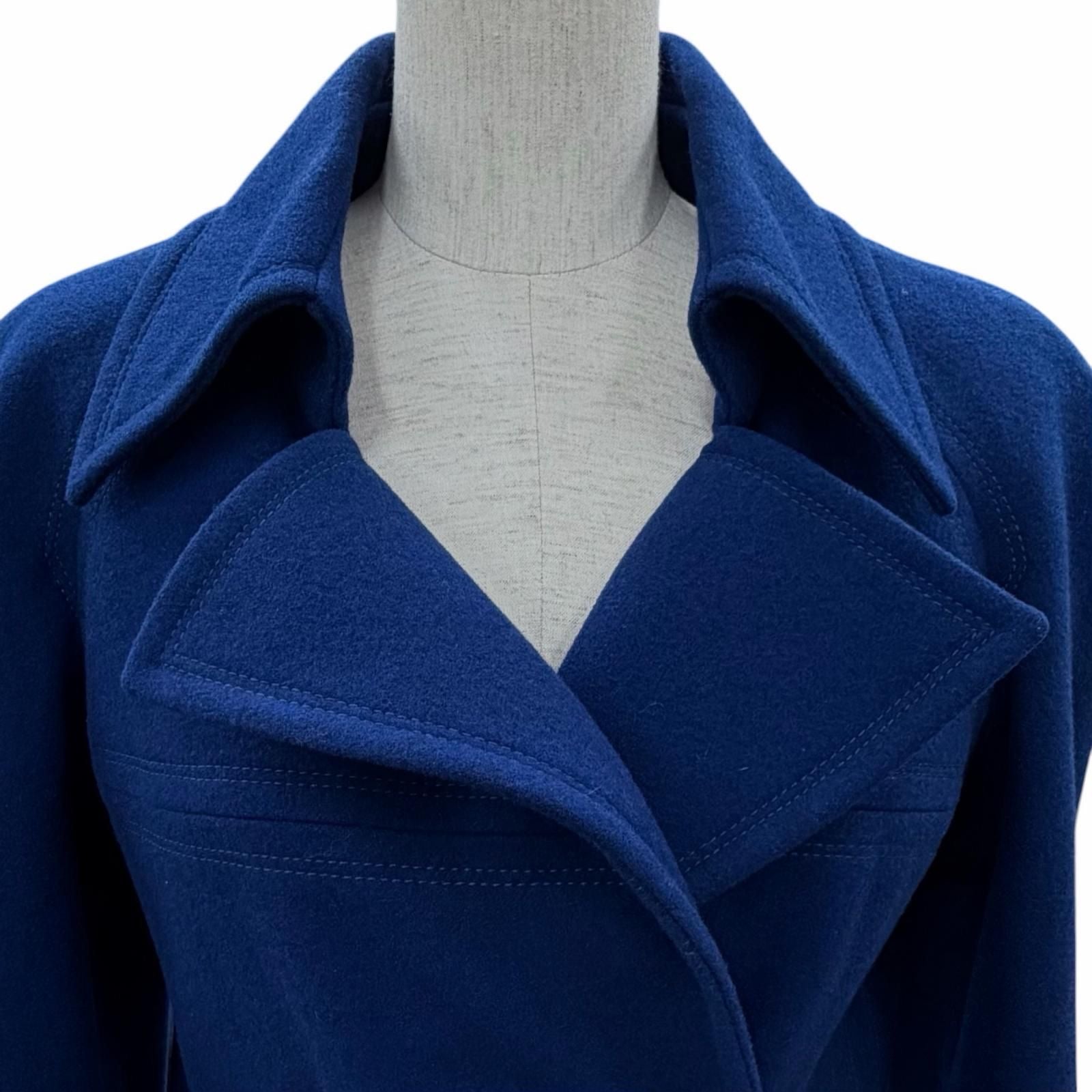 CHANEL P46965 Coco Mark Button Double Breasted Wool Coat Silk Lining Size 36 Blue Made in France