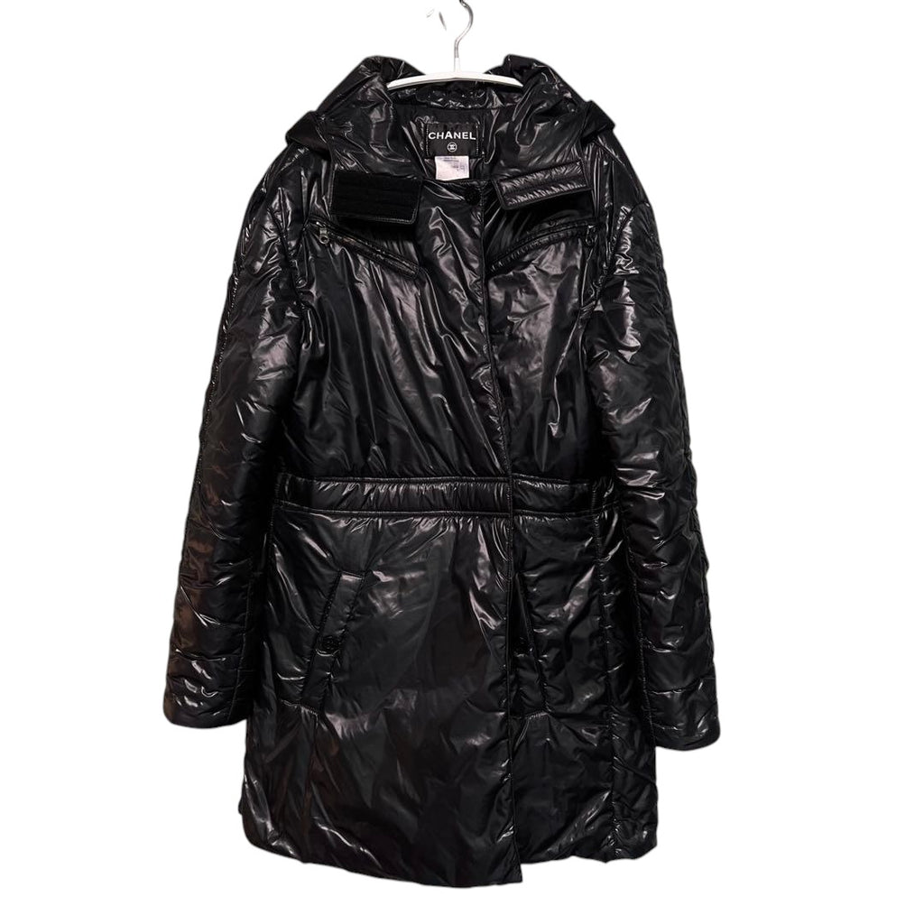 CHANEL Coco Mark Black Hooded Puffer Coat 40
