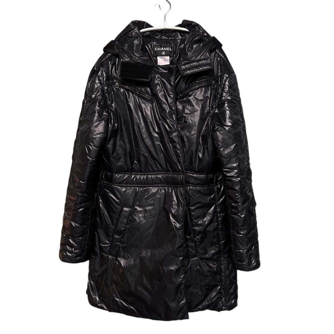 CHANEL Coco Mark Black Hooded Puffer Coat 40