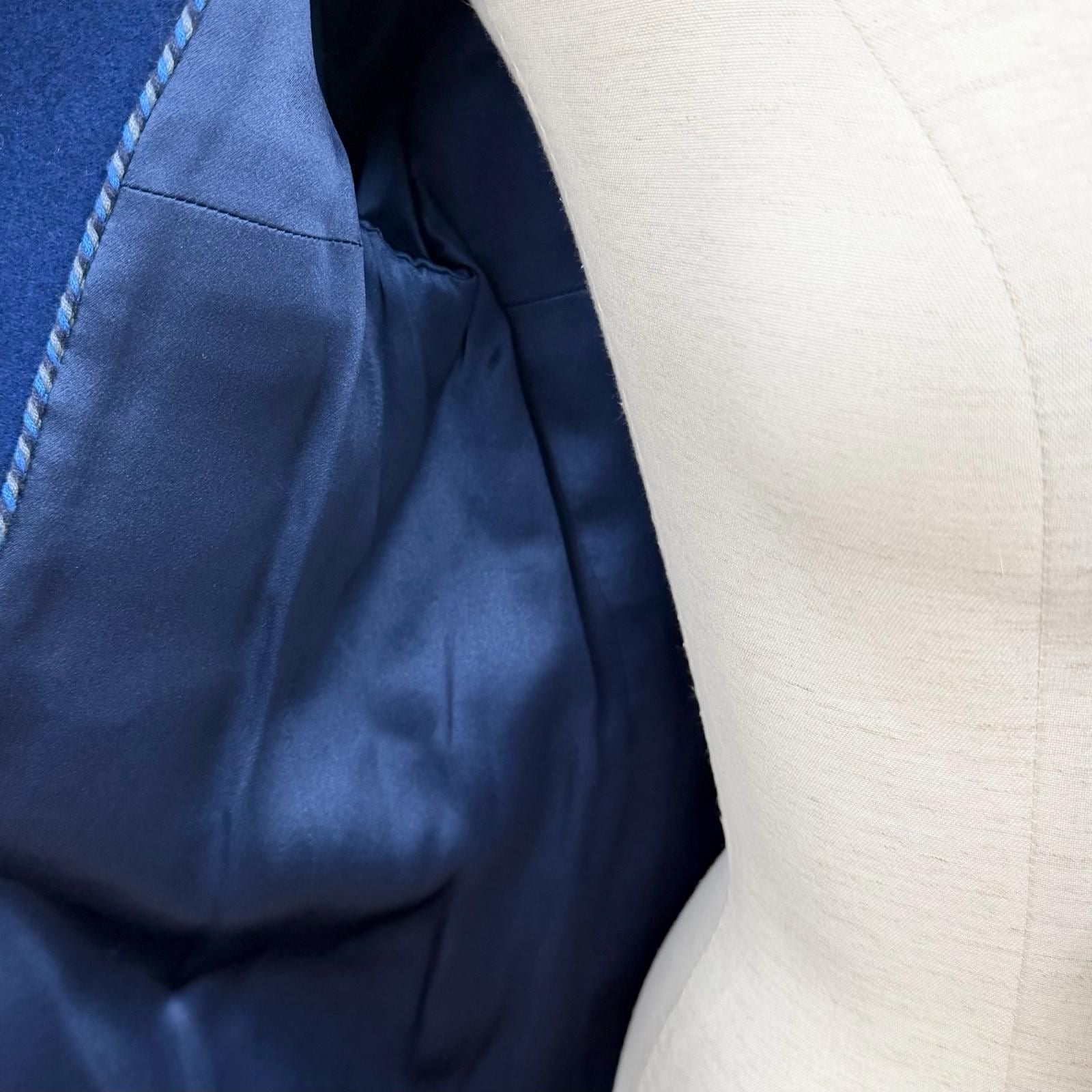 CHANEL P46965 Coco Mark Button Double Breasted Wool Coat Silk Lining Size 36 Blue Made in France